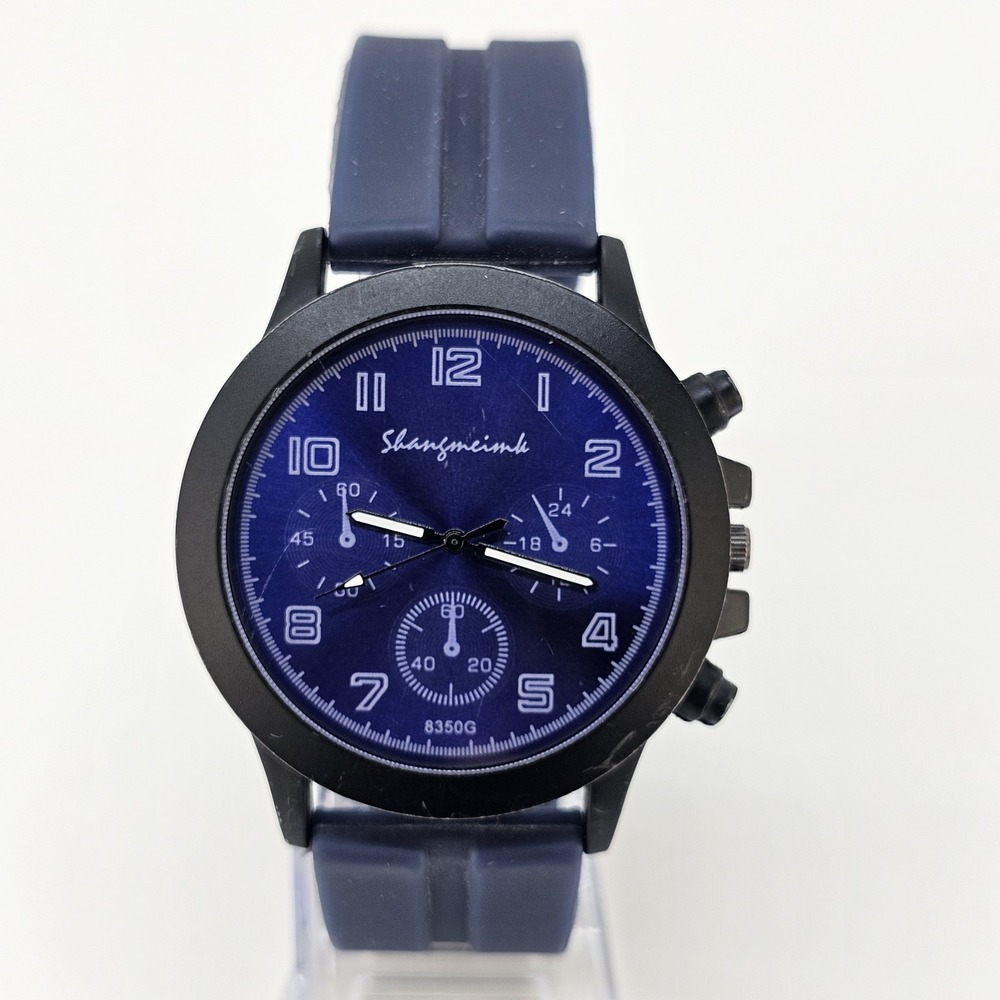 Men's Analog Watch 40MM Blue Dial Black Case Blue Plastic Bands New Battery